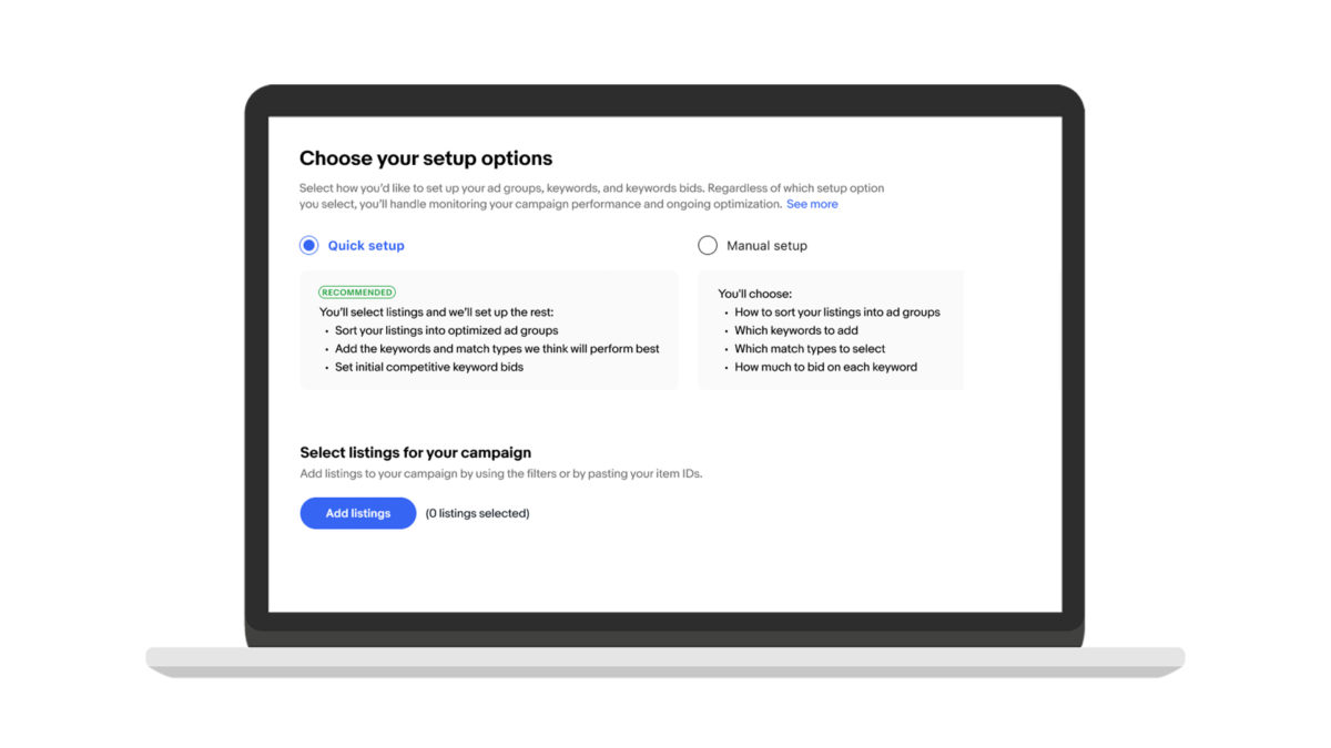 Screenshot of what the Quick Setup option looks like when creating a Promoted Listings Advanced Beta campaign.