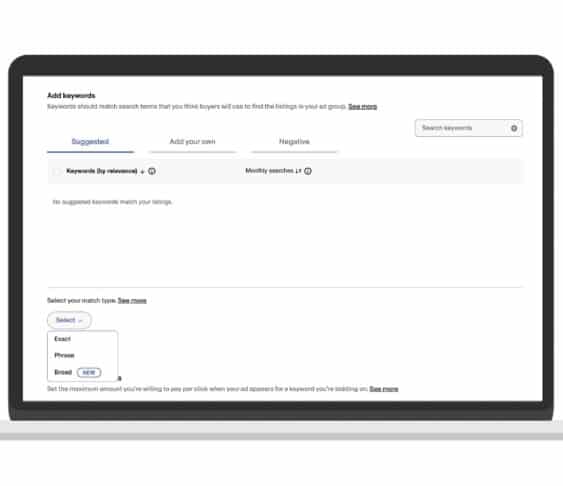 View of the different keyword match types available for Promoted Listings Advanced campaigns including Broad match