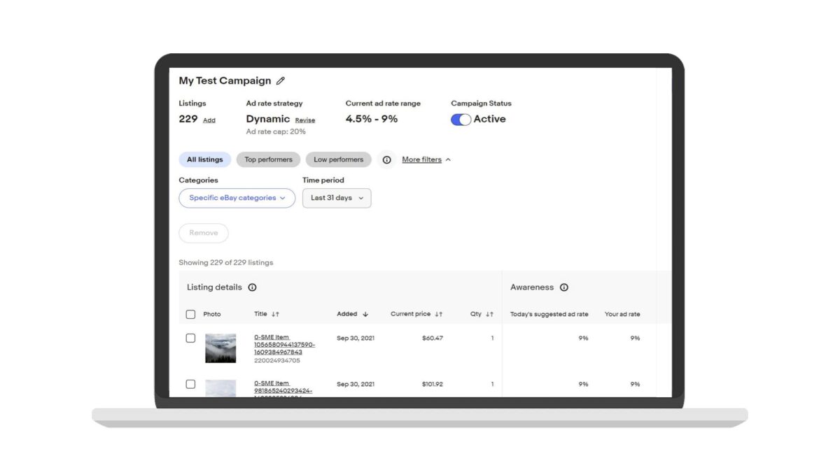 eBay Promoted Listings Standard ad rate strategy UI laptop screen